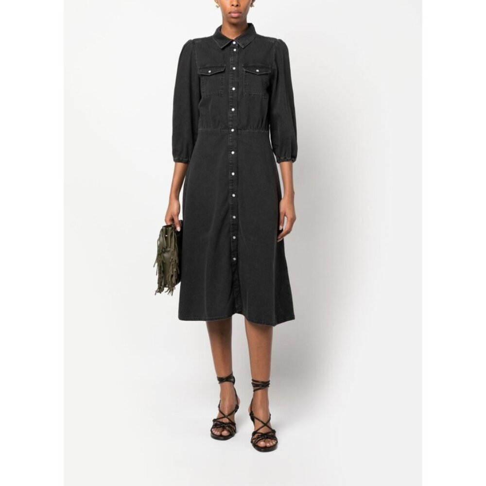 BA&SH BASH Washed Black Cotton MARTA Denim Jeans Shirt A-Line Midi Dress 0 XS